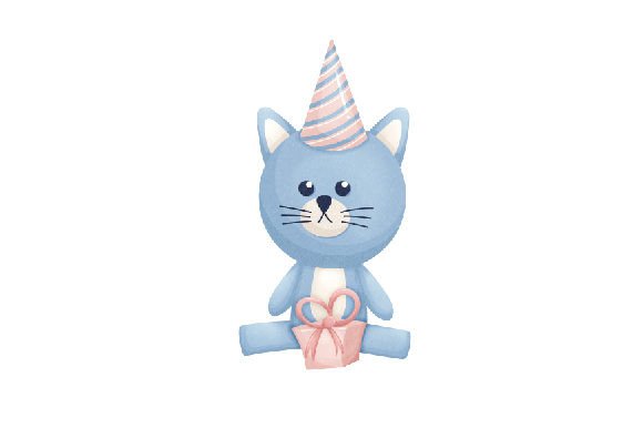 Evaluating Cat with a Gift, Watercolor for Birthday Crafts Branding