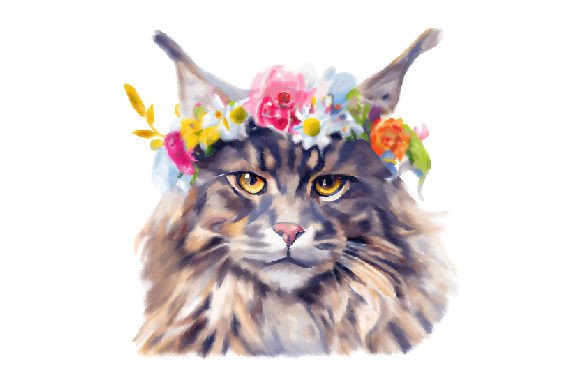 Reviewing a Watercolor Maine Coon Cat with a Flower Crown