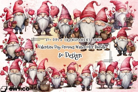 Valentine Gnomes Watercolor Graphics for Seasonal Products