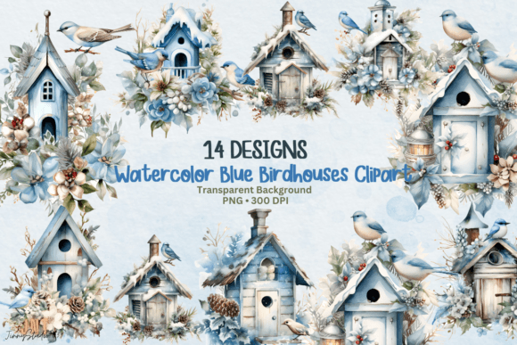 Watercolor Birdhouse Graphics for Winter Editorial Illustrations
