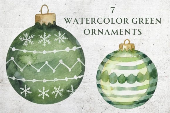 Watercolor Green Ornaments Clip Art for Festive Graphics