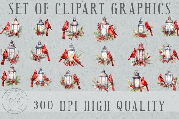 Watercolor Lanterns Cardinal Graphics for Illustrations