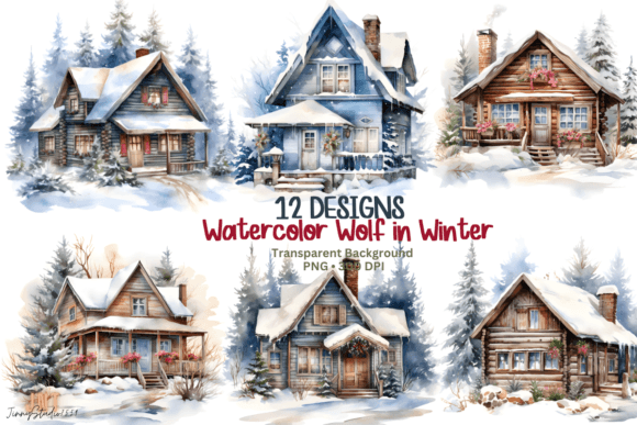 Watercolor Winter Cabin Clipart for Commercial Graphics
