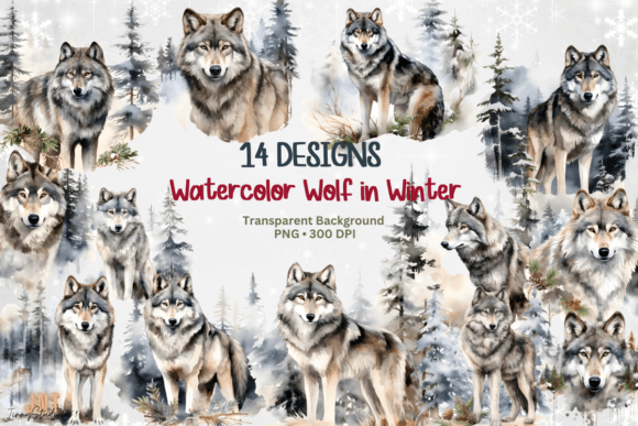 Watercolor Winter Wolf Clipart for Craft Graphics & Illustrations